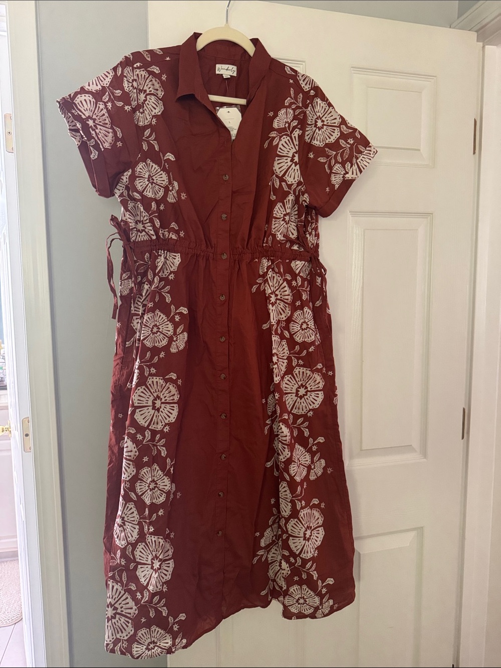 Wonderly Brick Red Midi Shirt Dress with White Floral Pattern